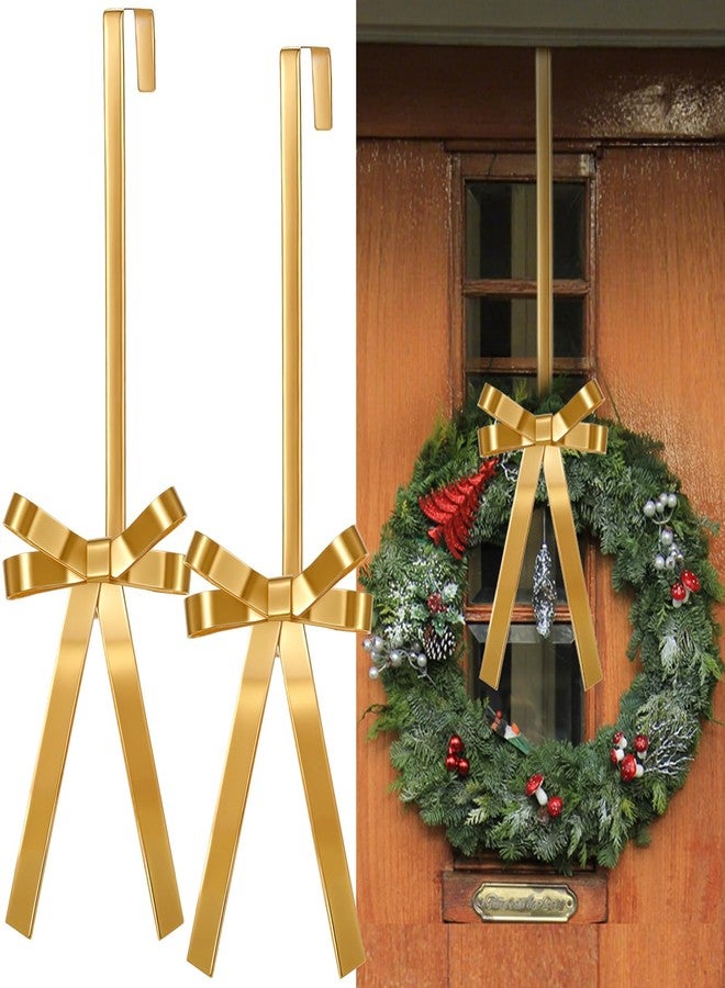 Otoolling 2 Pack Christmas Wreath Hangers for Front Door Christmas Decoration Metal Bow Door Wreath Hanger Front Gold Bow Garland Hooks Hanging Welcome Sign for Xmas Halloween Fall Decorations - Image 1